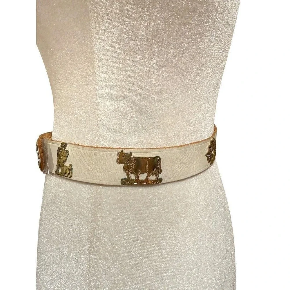 Vintage White‎ Leather Belt Brass Cow Herder Swiss Folk Art Cottagecore 33 Inch